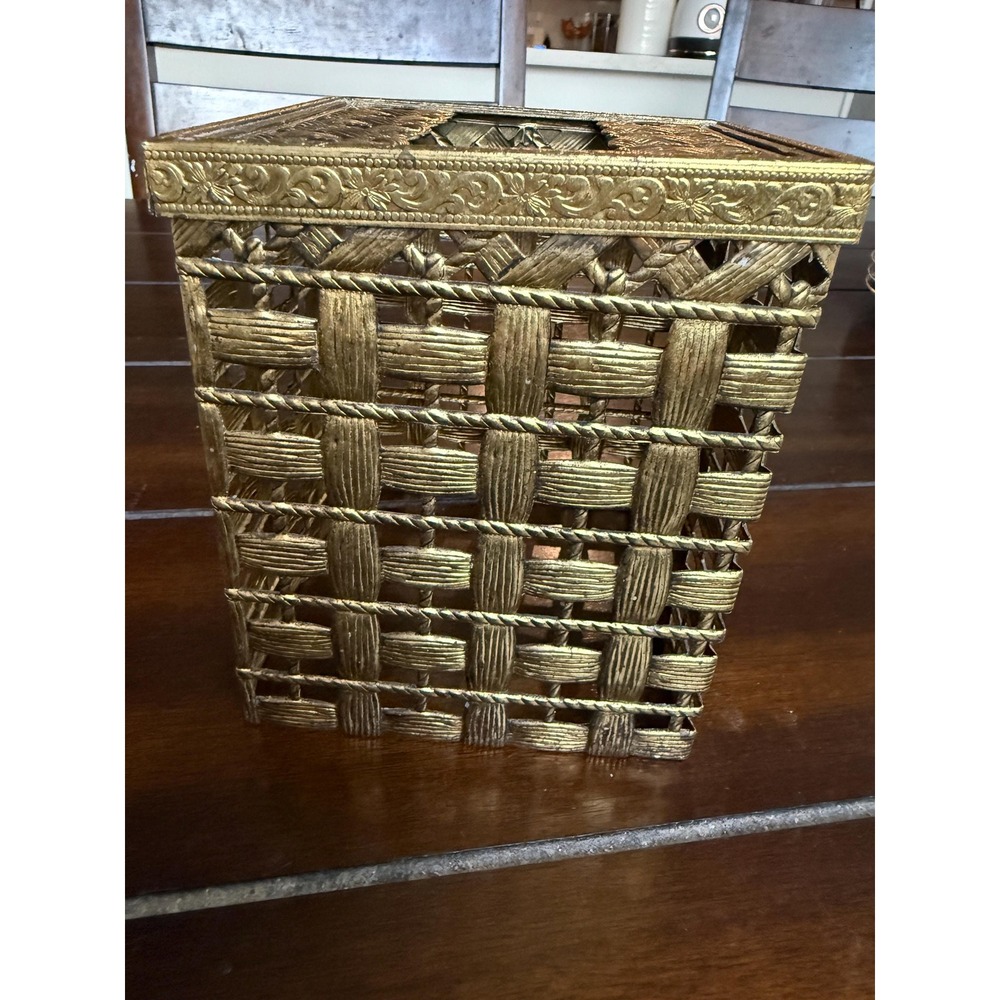 Hollywood Regency Vintage Square Tissue Box Cover Brass Metal Basket Weave